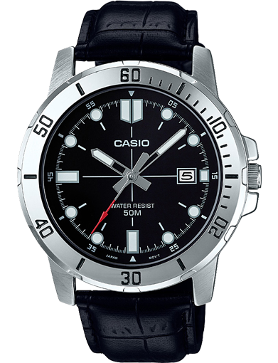 Casio MTPVD01L-1E Date Analog, Black Leather Strap